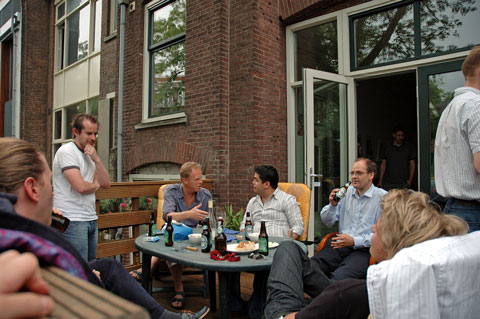 Drinks outside with the first few arrivals