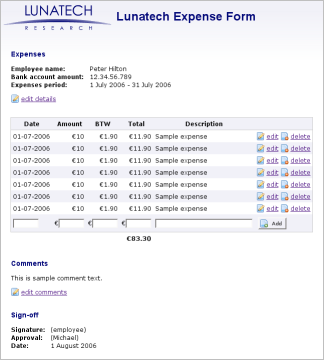 User interface mock-up for the expense form assignment