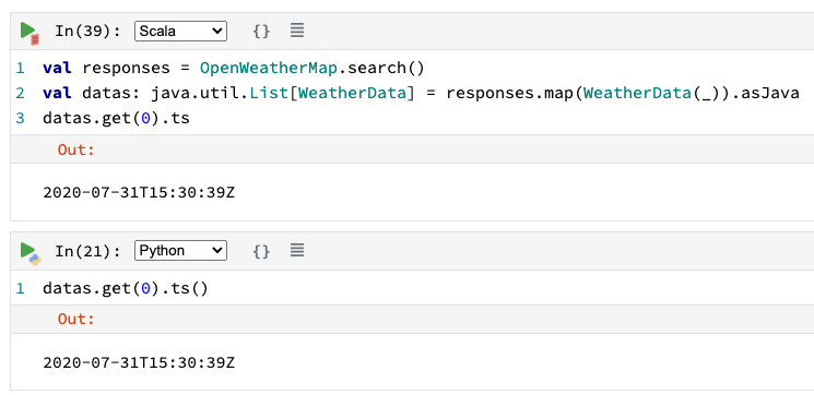 Interaction between Python and Scala inside a Polynote notebook