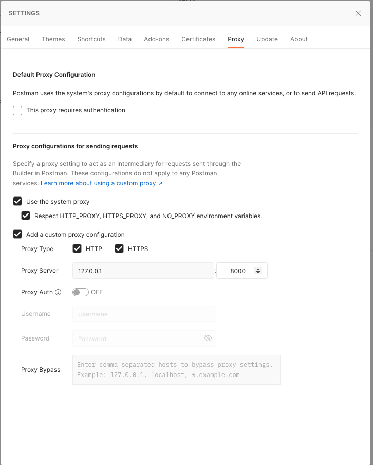 Configurer Postman custom proxy