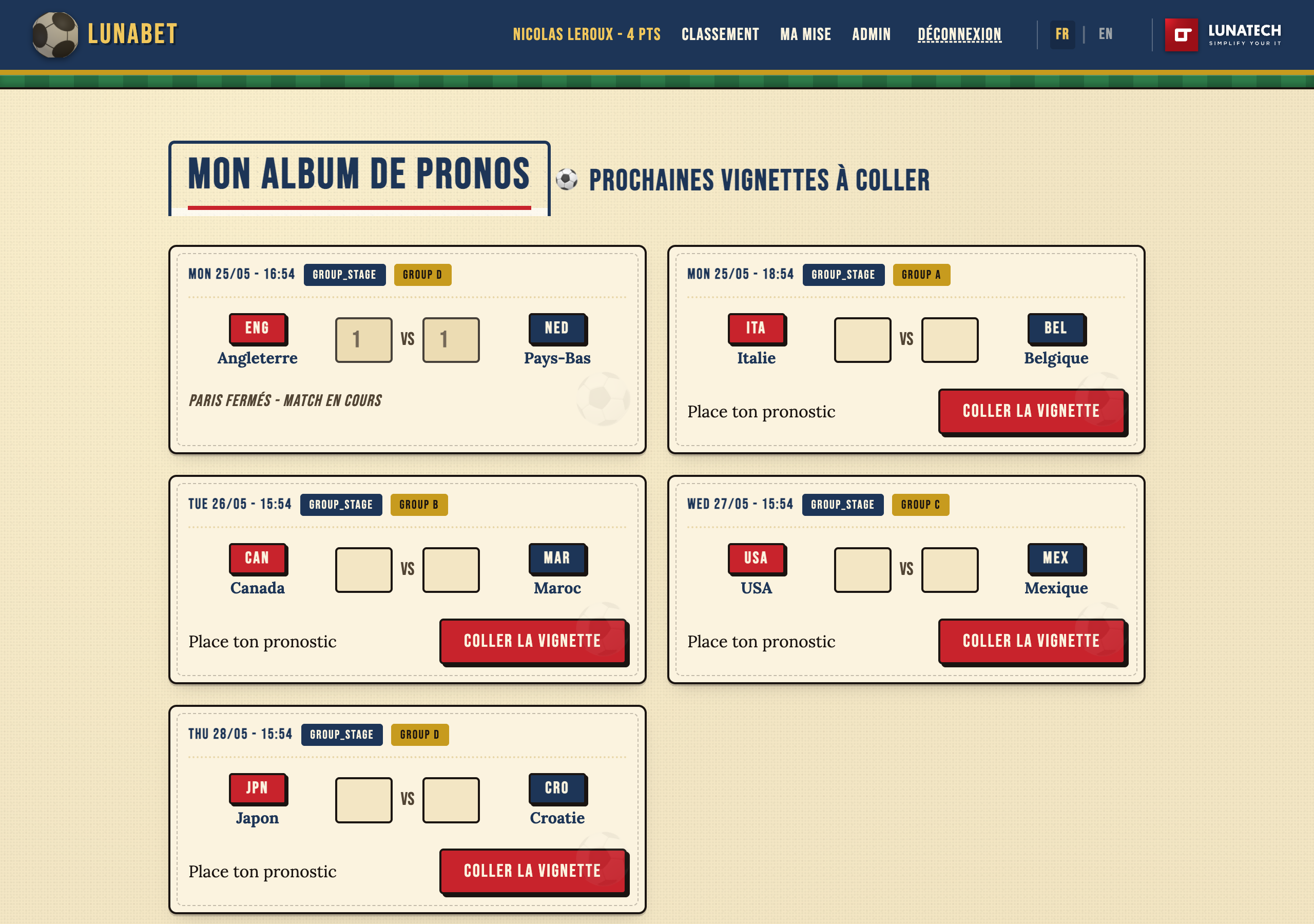 Matches page with the Panini stickers