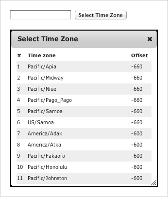 Screen shot: input field and selector dialog